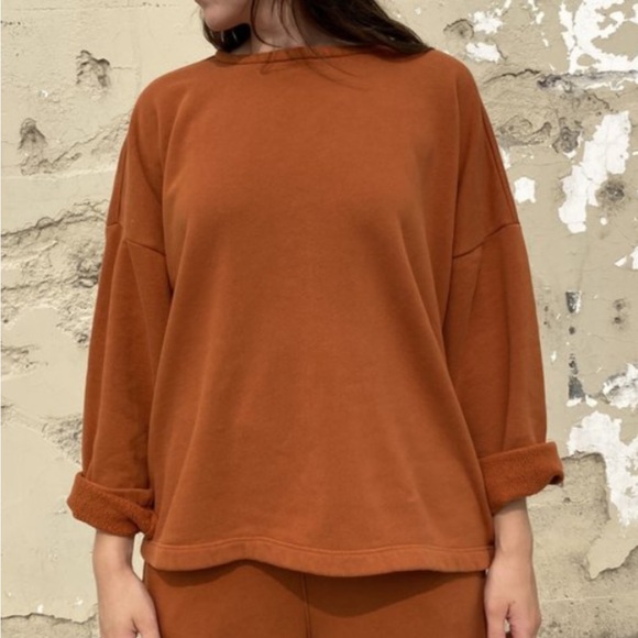 BLACK CRANE Womens Boyfriend Pullover Sweatshirt Brick Red Orange French Terry S